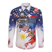 Philippine-American Friendship Long Sleeve Button Shirt USA Eagle and Philippines Flag with The Maps