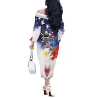 Philippine-American Friendship Off The Shoulder Long Sleeve Dress USA Eagle and Philippines Flag with The Maps