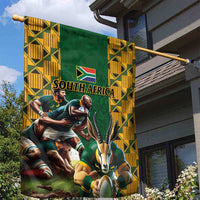 South Africa Rugby Garden Flag The Springbok Mascot and Rugby Players Fight for Victory - Wonder Print Shop