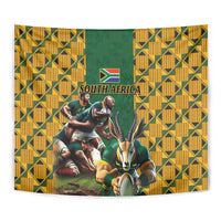 South Africa Rugby Tapestry The Springbok Mascot and Rugby Players Fight for Victory - Wonder Print Shop