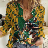 South Africa Rugby Women Casual Shirt The Springbok Mascot and Rugby Players Fight for Victory - Wonder Print Shop