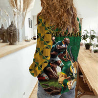 South Africa Rugby Women Casual Shirt The Springbok Mascot and Rugby Players Fight for Victory - Wonder Print Shop