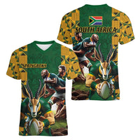 South Africa Rugby Women V-Neck T-Shirt The Springbok Mascot and Rugby Players Fight for Victory - Wonder Print Shop