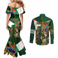 Personalized South Africa Versus Ireland Rugby Couples Matching Mermaid Dress and Long Sleeve Button Shirt The Springbok Mascot and Celtic Cross Together