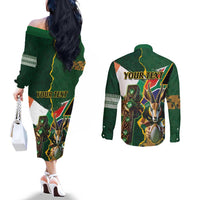 Personalized South Africa Versus Ireland Rugby Couples Matching Off The Shoulder Long Sleeve Dress and Long Sleeve Button Shirt The Springbok Mascot and Celtic Cross Together