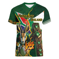 Personalized South Africa Versus Ireland Rugby Women V-Neck T-Shirt The Springbok Mascot and Celtic Cross Together - Wonder Print Shop