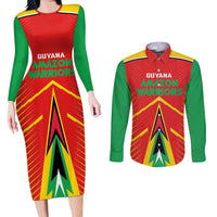 Custom Guyana Cricket Amazon Warriors Couples Matching Long Sleeve Bodycon Dress and Long Sleeve Button Shirt Green Red Gold Glory - Wonder Print Shop