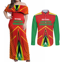 Custom Guyana Cricket Amazon Warriors Couples Matching Off Shoulder Maxi Dress and Long Sleeve Button Shirt Green Red Gold Glory - Wonder Print Shop