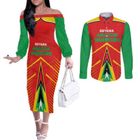 Custom Guyana Cricket Amazon Warriors Couples Matching Off The Shoulder Long Sleeve Dress and Long Sleeve Button Shirt Green Red Gold Glory - Wonder Print Shop