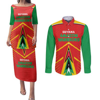 Custom Guyana Cricket Amazon Warriors Couples Matching Puletasi and Long Sleeve Button Shirt Green Red Gold Glory - Wonder Print Shop