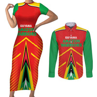 Custom Guyana Cricket Amazon Warriors Couples Matching Short Sleeve Bodycon Dress and Long Sleeve Button Shirt Green Red Gold Glory - Wonder Print Shop