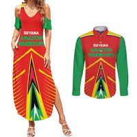 Custom Guyana Cricket Amazon Warriors Couples Matching Summer Maxi Dress and Long Sleeve Button Shirt Green Red Gold Glory - Wonder Print Shop