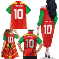 Custom Guyana Cricket Amazon Warriors Family Matching Off The Shoulder Long Sleeve Dress and Hawaiian Shirt Green Red Gold Glory - Wonder Print Shop