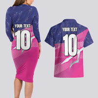 Custom Barbados Cricket Royals Couples Matching Long Sleeve Bodycon Dress and Hawaiian Shirt Sporty Style with Trident Symbol - Wonder Print Shop