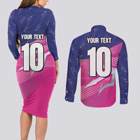 Custom Barbados Cricket Royals Couples Matching Long Sleeve Bodycon Dress and Long Sleeve Button Shirt Sporty Style with Trident Symbol - Wonder Print Shop
