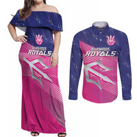 Custom Barbados Cricket Royals Couples Matching Off Shoulder Maxi Dress and Long Sleeve Button Shirt Sporty Style with Trident Symbol - Wonder Print Shop
