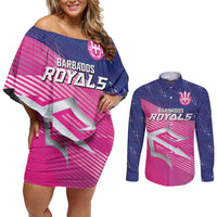 Custom Barbados Cricket Royals Couples Matching Off Shoulder Short Dress and Long Sleeve Button Shirt Sporty Style with Trident Symbol - Wonder Print Shop