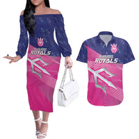 Custom Barbados Cricket Royals Couples Matching Off The Shoulder Long Sleeve Dress and Hawaiian Shirt Sporty Style with Trident Symbol - Wonder Print Shop