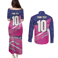 Custom Barbados Cricket Royals Couples Matching Puletasi and Long Sleeve Button Shirt Sporty Style with Trident Symbol - Wonder Print Shop