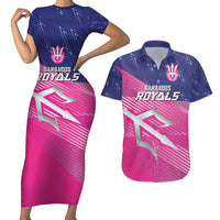 Custom Barbados Cricket Royals Couples Matching Short Sleeve Bodycon Dress and Hawaiian Shirt Sporty Style with Trident Symbol - Wonder Print Shop