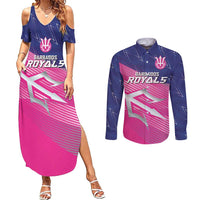 Custom Barbados Cricket Royals Couples Matching Summer Maxi Dress and Long Sleeve Button Shirt Sporty Style with Trident Symbol - Wonder Print Shop
