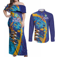 Custom Saint Lucia Cricket Kings Couples Matching Off Shoulder Maxi Dress and Long Sleeve Button Shirt Power Lions of Caribbean - Wonder Print Shop