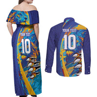 Custom Saint Lucia Cricket Kings Couples Matching Off Shoulder Maxi Dress and Long Sleeve Button Shirt Power Lions of Caribbean - Wonder Print Shop