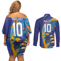 Custom Saint Lucia Cricket Kings Couples Matching Off Shoulder Short Dress and Long Sleeve Button Shirt Power Lions of Caribbean - Wonder Print Shop