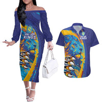 Custom Saint Lucia Cricket Kings Couples Matching Off The Shoulder Long Sleeve Dress and Hawaiian Shirt Power Lions of Caribbean - Wonder Print Shop