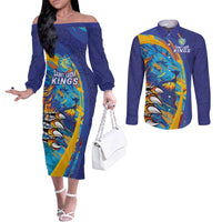 Custom Saint Lucia Cricket Kings Couples Matching Off The Shoulder Long Sleeve Dress and Long Sleeve Button Shirt Power Lions of Caribbean - Wonder Print Shop