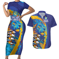 Custom Saint Lucia Cricket Kings Couples Matching Short Sleeve Bodycon Dress and Hawaiian Shirt Power Lions of Caribbean - Wonder Print Shop