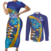 Custom Saint Lucia Cricket Kings Couples Matching Short Sleeve Bodycon Dress and Long Sleeve Button Shirt Power Lions of Caribbean - Wonder Print Shop