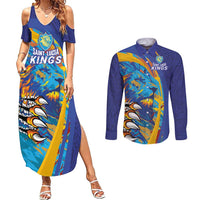 Custom Saint Lucia Cricket Kings Couples Matching Summer Maxi Dress and Long Sleeve Button Shirt Power Lions of Caribbean - Wonder Print Shop