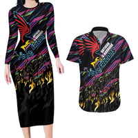 Custom Antigua & Barbuda Cricket Falcons Couples Matching Long Sleeve Bodycon Dress and Hawaiian Shirt Through The Fire - Wonder Print Shop