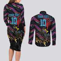 Custom Antigua & Barbuda Cricket Falcons Couples Matching Long Sleeve Bodycon Dress and Long Sleeve Button Shirt Through The Fire - Wonder Print Shop