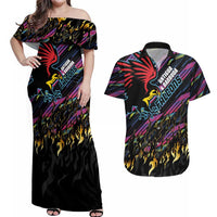 Custom Antigua & Barbuda Cricket Falcons Couples Matching Off Shoulder Maxi Dress and Hawaiian Shirt Through The Fire - Wonder Print Shop