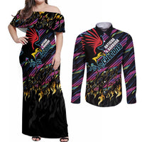 Custom Antigua & Barbuda Cricket Falcons Couples Matching Off Shoulder Maxi Dress and Long Sleeve Button Shirt Through The Fire - Wonder Print Shop