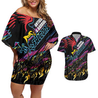Custom Antigua & Barbuda Cricket Falcons Couples Matching Off Shoulder Short Dress and Hawaiian Shirt Through The Fire - Wonder Print Shop