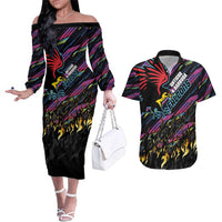 Custom Antigua & Barbuda Cricket Falcons Couples Matching Off The Shoulder Long Sleeve Dress and Hawaiian Shirt Through The Fire - Wonder Print Shop