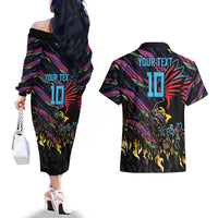 Custom Antigua & Barbuda Cricket Falcons Couples Matching Off The Shoulder Long Sleeve Dress and Hawaiian Shirt Through The Fire - Wonder Print Shop