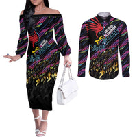 Custom Antigua & Barbuda Cricket Falcons Couples Matching Off The Shoulder Long Sleeve Dress and Long Sleeve Button Shirt Through The Fire - Wonder Print Shop