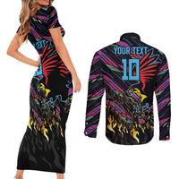 Custom Antigua & Barbuda Cricket Falcons Couples Matching Short Sleeve Bodycon Dress and Long Sleeve Button Shirt Through The Fire - Wonder Print Shop