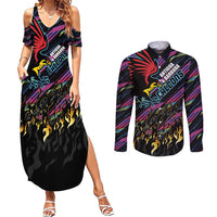 Custom Antigua & Barbuda Cricket Falcons Couples Matching Summer Maxi Dress and Long Sleeve Button Shirt Through The Fire - Wonder Print Shop