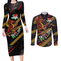 Welsh Celtic Couples Matching Long Sleeve Bodycon Dress and Long Sleeve Button Shirt Wales Y Ddraig Goch with Celtic Knot Sporty - Wonder Print Shop