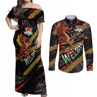 Welsh Celtic Couples Matching Off Shoulder Maxi Dress and Long Sleeve Button Shirt Wales Y Ddraig Goch with Celtic Knot Sporty - Wonder Print Shop