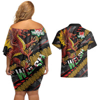 Welsh Celtic Couples Matching Off Shoulder Short Dress and Hawaiian Shirt Wales Y Ddraig Goch with Celtic Knot Sporty - Wonder Print Shop