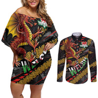 Welsh Celtic Couples Matching Off Shoulder Short Dress and Long Sleeve Button Shirt Wales Y Ddraig Goch with Celtic Knot Sporty - Wonder Print Shop