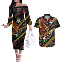 Welsh Celtic Couples Matching Off The Shoulder Long Sleeve Dress and Hawaiian Shirt Wales Y Ddraig Goch with Celtic Knot Sporty - Wonder Print Shop