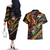 Welsh Celtic Couples Matching Off The Shoulder Long Sleeve Dress and Hawaiian Shirt Wales Y Ddraig Goch with Celtic Knot Sporty - Wonder Print Shop
