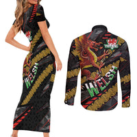 Welsh Celtic Couples Matching Short Sleeve Bodycon Dress and Long Sleeve Button Shirt Wales Y Ddraig Goch with Celtic Knot Sporty - Wonder Print Shop